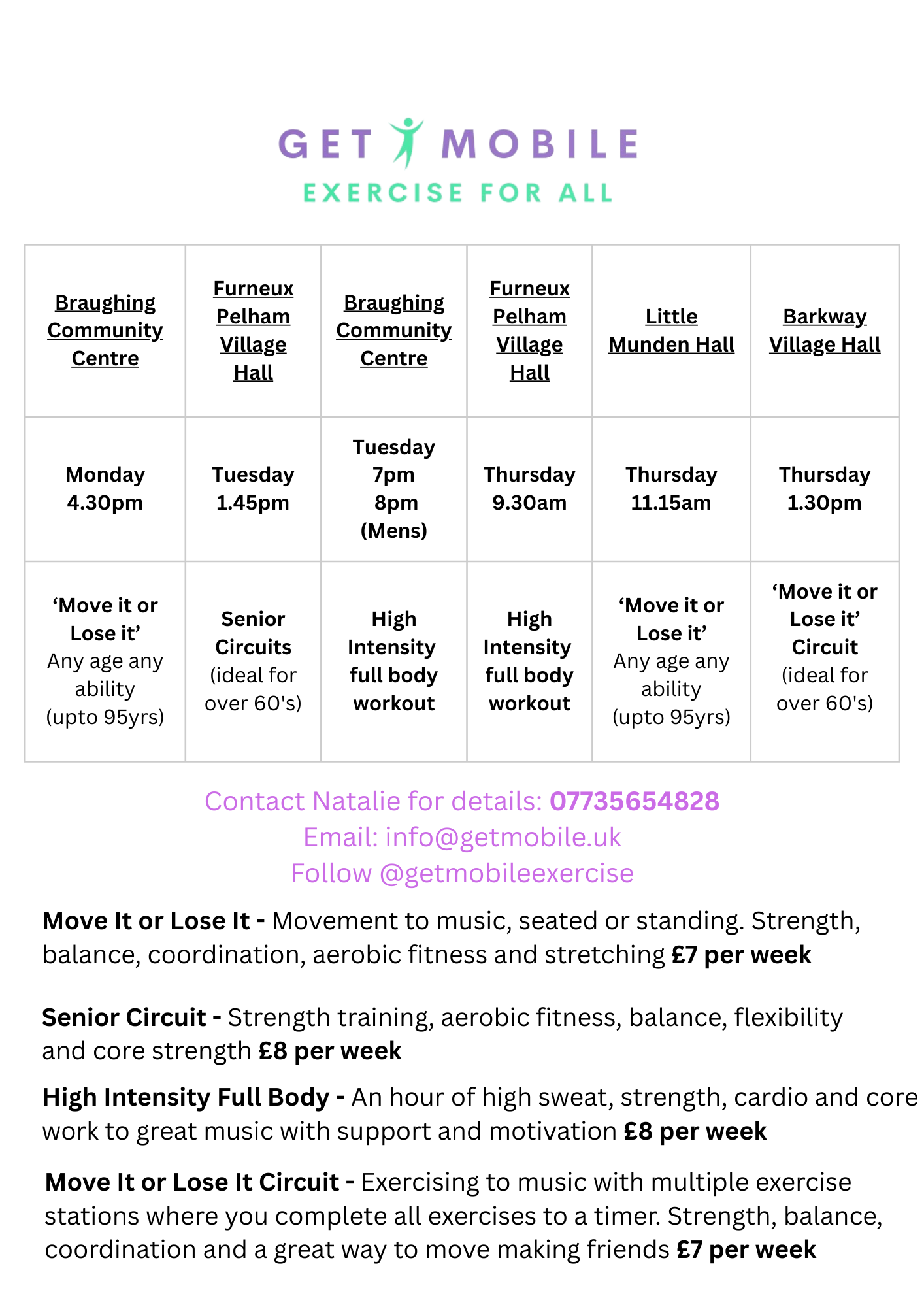 Move It Or Lose It exercise classes Thursdays 1.30 pm for an hour